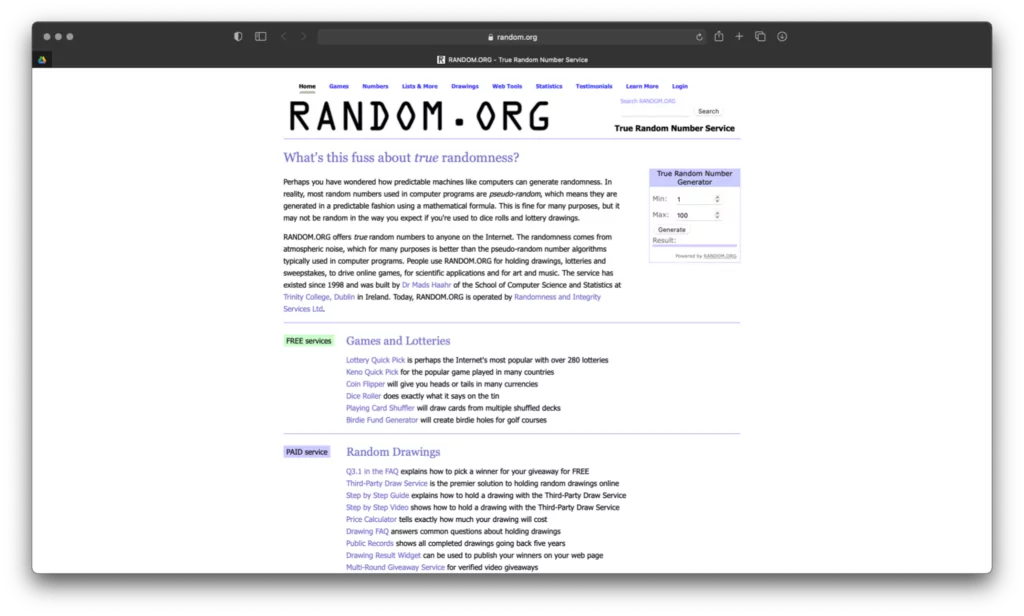 Генератор рандомных чисел random.org – главная страница