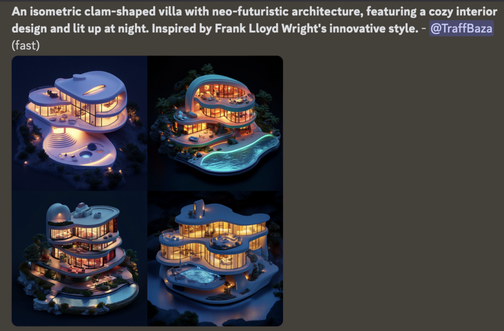 An isometric clam-shaped villa with neo-futuristic architecture, featuring a cozy interior design and lit up at night. Inspired by Frank Lloyd Wright's innovative style.