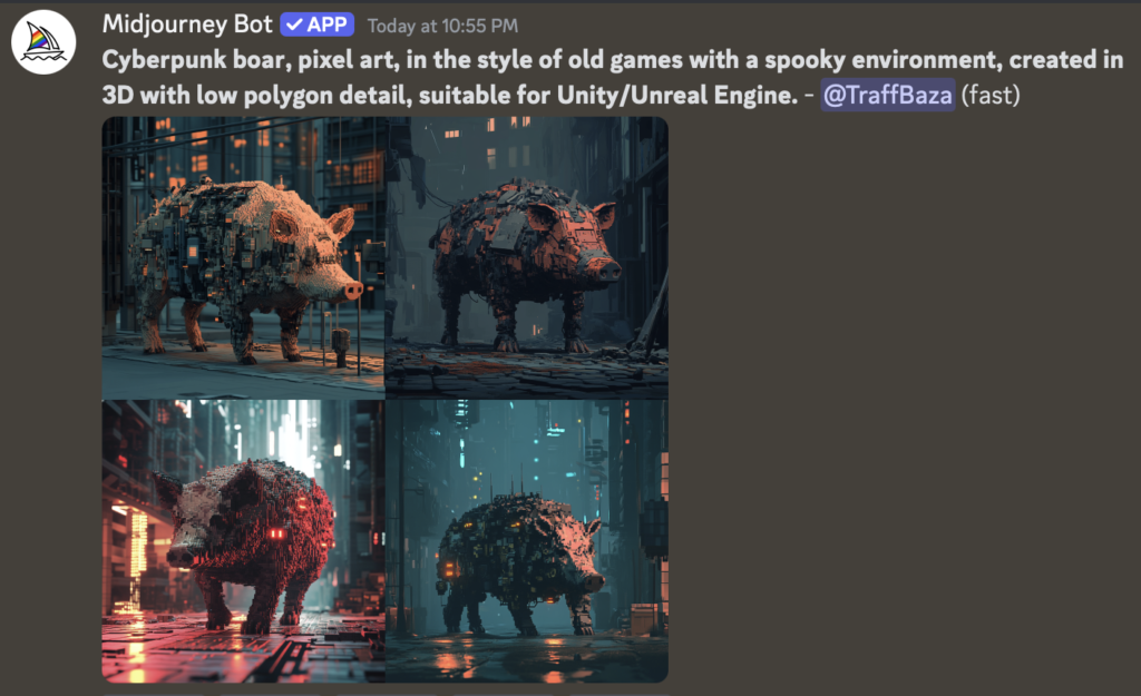 Cyberpunk boar, pixel art, in the style of old games with a spooky environment, created in 3D with low polygon detail, suitable for Unity/Unreal Engine —v 5.