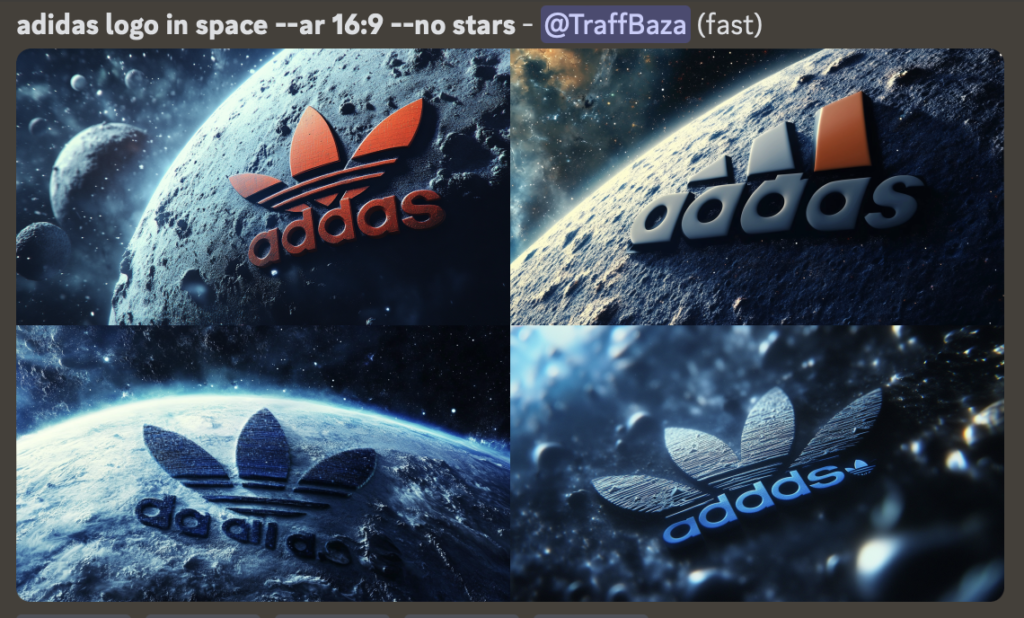 Промт: adidas logo in space —ar 16:9 —no stars