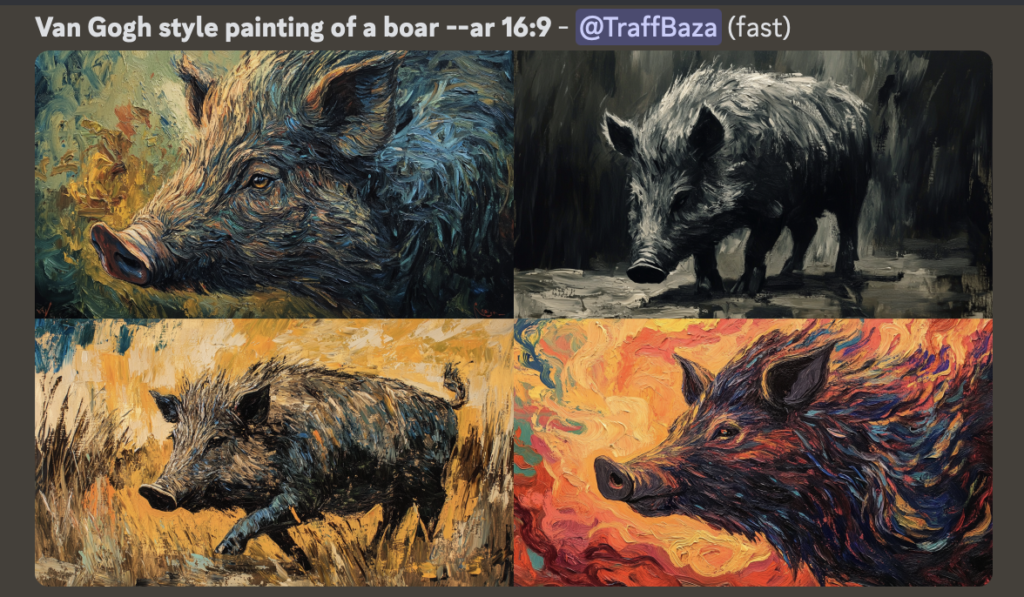 промт кабана в стиле Ван Гога: Van Gogh style painting of a boar --ar 16:9.