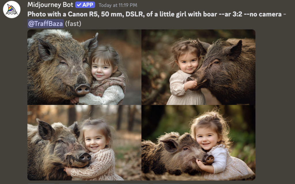 Промт: Photo with a Canon R5, 50 mm, DSLR, of a little girl with boar --ar 3:2 --no camera