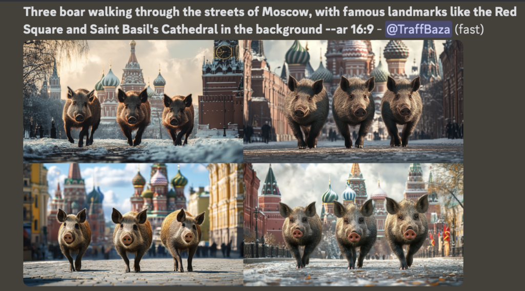 Three boar walking through the streets of Moscow, with famous landmarks like the Red Square and Saint Basil's Cathedral in the background --ar 16:9