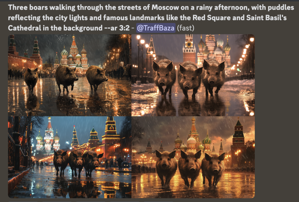 Three boars walking through the streets of Moscow on a rainy afternoon, with puddles reflecting the city lights and famous landmarks like the Red Square and Saint Basil's Cathedral in the background --ar 3:2